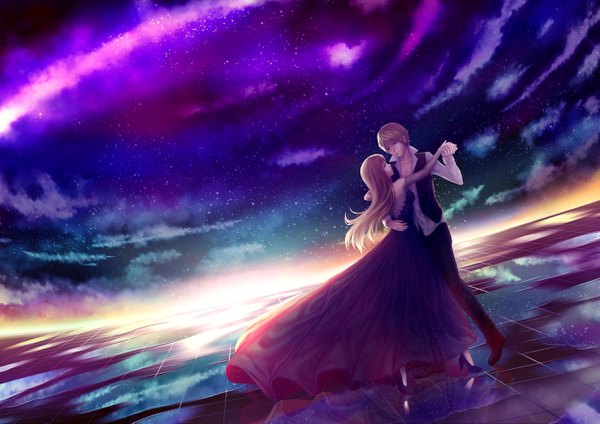 Anime picture 2481x1754 with original yoneyu long hair highres short hair blue eyes blonde hair brown eyes payot cloud (clouds) parted lips profile light smile night high heels open shirt night sky couple hug holding hands