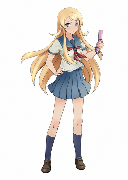 Anime picture 1200x1679 with ore no imouto ga konna ni kawaii wake ga nai kousaka kirino jas (annkoromochi) single long hair tall image looking at viewer blue eyes simple background blonde hair standing white background pleated skirt hand on hip girl skirt uniform school uniform socks phone