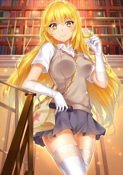 Anime picture 1100x1560 with to aru kagaku no railgun to aru majutsu no index j.c. staff shokuhou misaki suika01 long hair tall image looking at viewer blush blonde hair yellow eyes + + girl thighhighs skirt gloves uniform school uniform miniskirt white thighhighs