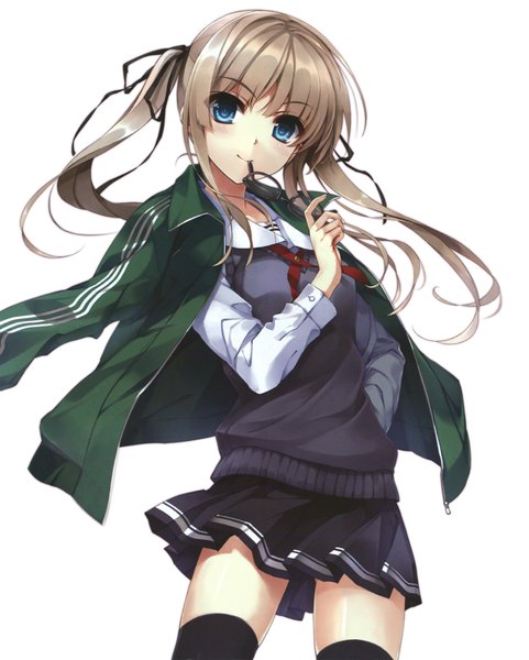 Anime picture 2969x3699 with saenai heroine no sodatekata a-1 pictures sawamura spencer eriri misaki kurehito single long hair tall image blush highres blue eyes simple background brown hair white background twintails scan official art zettai ryouiki girl thighhighs skirt