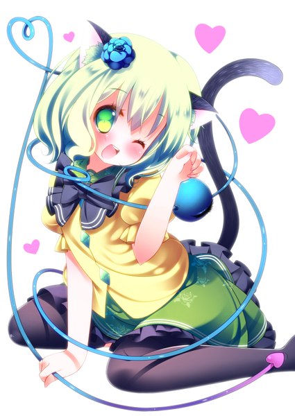 Anime picture 1200x1695 with touhou komeiji koishi zefa (neoaltemice) tall image blush short hair open mouth green eyes animal ears hair flower green hair cat ears cat girl cat tail heart of string girl thighhighs hair ornament black thighhighs heart