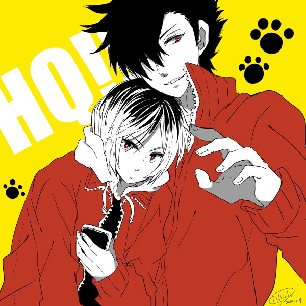 Anime picture 1200x1200 with haikyuu!! production i.g kuroo tetsurou kozume kenma nicole (usako) looking at viewer fringe short hair black hair simple background red eyes signed multicolored hair hair over one eye inscription two-tone hair multiple boys yellow background paw print boy