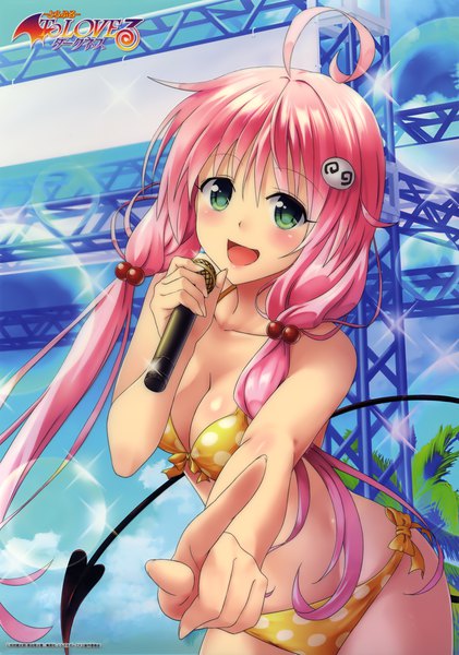 Anime picture 2322x3306 with toloveru toloveru darkness xebec lala satalin deviluke yabuki kentarou single long hair tall image looking at viewer blush highres breasts open mouth light erotic smile twintails green eyes pink hair ahoge tail