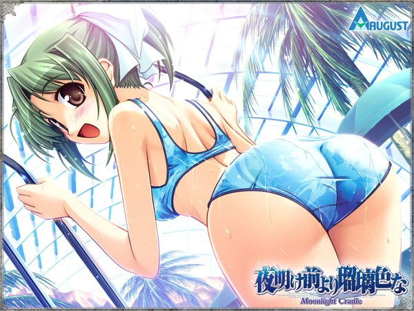 Anime picture 1600x1200 with yoake mae yori ruri iro na august soft tooyama midori single blush open mouth light erotic smile brown eyes ponytail looking back green hair from behind girl hair ornament bow swimsuit plant (plants) hair bow bikini