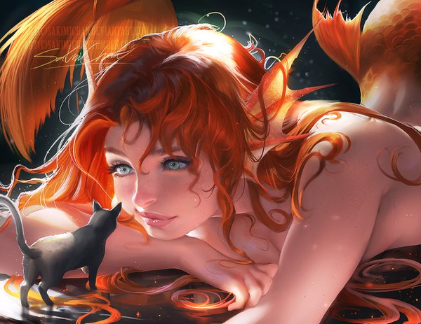 Anime picture 1280x989 with original sakimichan long hair fringe breasts light erotic smile signed tail lying aqua eyes lips orange hair realistic watermark topless on stomach freckles girl animal