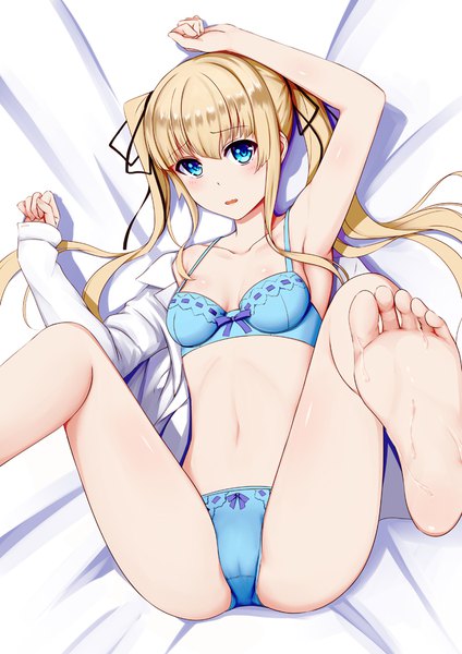 Anime picture 742x1050 with saenai heroine no sodatekata a-1 pictures sawamura spencer eriri fedsnk single long hair tall image looking at viewer blush fringe blue eyes light erotic blonde hair twintails payot lying parted lips barefoot from above arms up