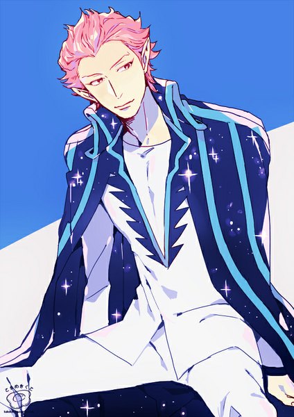 Anime picture 576x814 with space dandy studio bones johnny (space dandy) mosuko single tall image short hair simple background sitting looking away pink hair pink eyes pointy ears boy