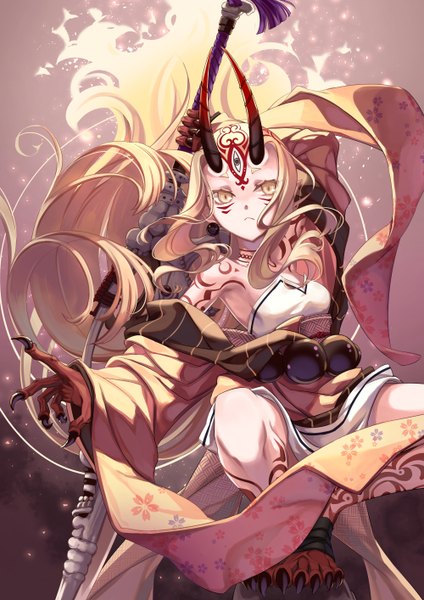 Anime picture 1000x1414 with fate (series) fate/grand order ibaraki douji (fate) jh single long hair tall image looking at viewer simple background blonde hair sitting holding yellow eyes full body bent knee (knees) traditional clothes japanese clothes horn (horns) grey background wide sleeves