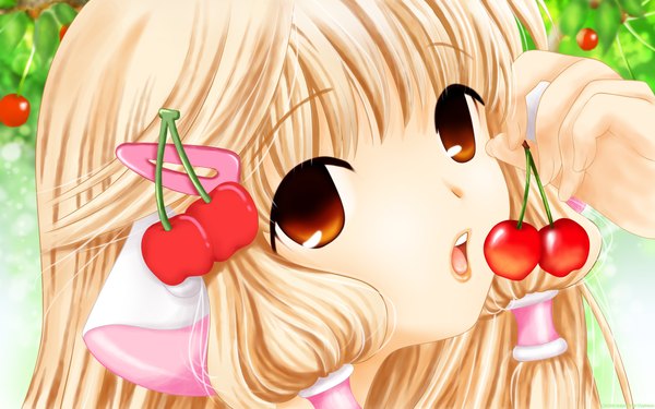 Anime picture 1920x1200 with chobits chii single long hair looking at viewer highres open mouth blonde hair wide image brown eyes payot arm up face girl food hairclip fruit cherry