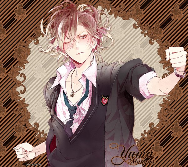 Anime picture 1280x1138 with diabolik lovers idea factory mukami yuuma satoi (artist) highres short hair brown eyes tail open clothes open shirt embarrassed piercing vampire boy uniform flower (flowers) school uniform shirt necktie pendant