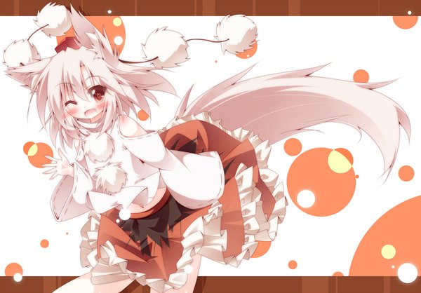 Anime picture 2000x1394 with touhou inubashiri momiji daidai ookami single looking at viewer blush fringe highres short hair open mouth hair between eyes red eyes white background animal ears white hair tail animal tail one eye closed arm up wink