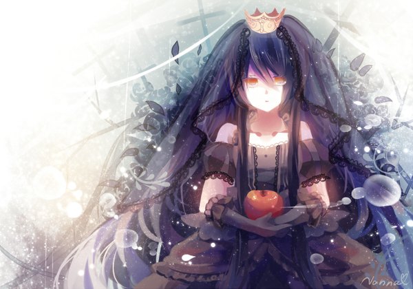 Anime picture 1356x950 with original filiananna single long hair looking at viewer blush bare shoulders holding signed purple hair orange eyes girl dress gloves hair ornament black gloves heart black dress fruit apple
