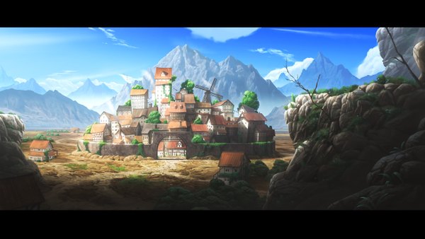 Anime picture 2600x1467 with unidcolor highres wide image sky cloud (clouds) city mountain no people landscape rock gate plant (plants) animal tree (trees) bird (birds) building (buildings) wall road windmill