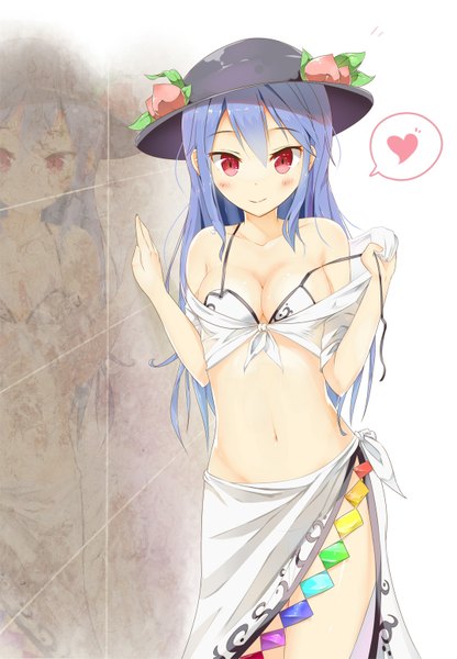Anime picture 1076x1553 with touhou hinanawi tenshi kutata (artist) single long hair tall image looking at viewer blush breasts light erotic smile red eyes bare shoulders blue hair reflection girl navel swimsuit hat bikini