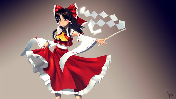 Anime picture 1920x1080 with touhou hakurei reimu kayas single long hair looking at viewer highres simple background red eyes brown hair wide image signed grey background wallpaper miko girl skirt bow hair bow detached sleeves