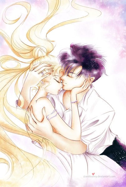 Anime picture 1337x1980 with bishoujo senshi sailor moon toei animation tsukino usagi princess serenity chiba mamoru prince endymion aniibunny (artist) long hair tall image short hair simple background blonde hair twintails purple hair lying eyes closed profile hair bun (hair buns) couple hug