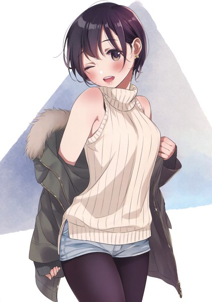 Anime picture 2316x3300 with original morikura en single tall image looking at viewer blush highres short hair open mouth black hair bare shoulders brown eyes one eye closed wink scan open jacket girl earrings pantyhose jacket