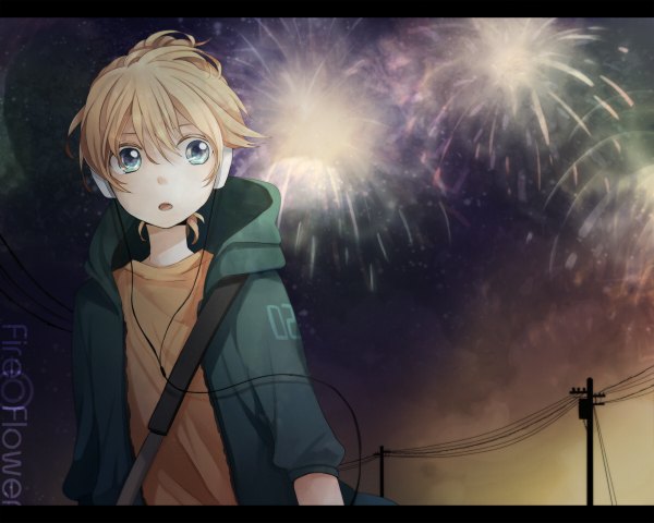 Anime picture 1200x960 with vocaloid fire flower (vocaloid) kagamine len tama (songe) blue eyes blonde hair night letterboxed fireworks boy jacket headphones hood