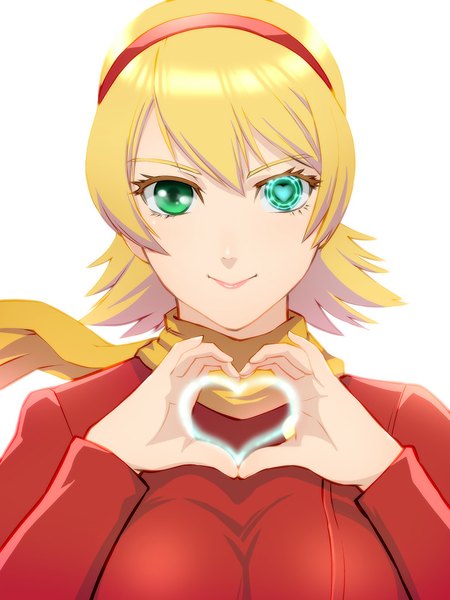Anime picture 825x1100 with cyborg 009 francoise arnoul ueyama michirou single tall image looking at viewer short hair simple background blonde hair smile white background green eyes symbol-shaped pupils heart hands girl heart hairband scarf