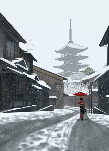 Anime picture 863x1200 with original doora (dora0913) single tall image short hair black hair traditional clothes japanese clothes snowing winter snow landscape walking architecture east asian architecture girl plant (plants) tree (trees) umbrella oriental umbrella