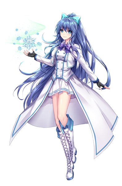 Anime picture 1490x2257 with original moyu single tall image fringe blue eyes simple background smile hair between eyes white background blue hair full body ponytail very long hair long sleeves pleated skirt aqua eyes outstretched arm lacing lace-up boots