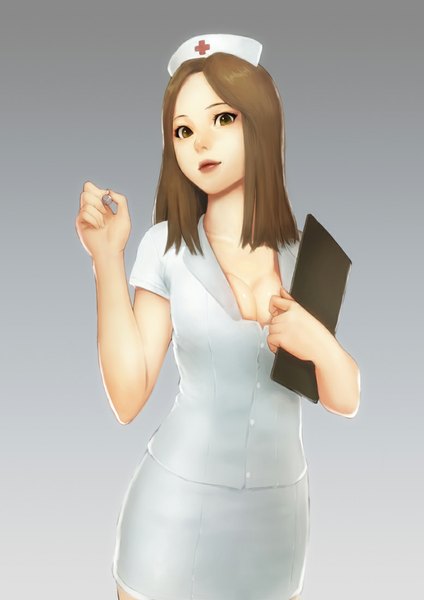 Anime picture 778x1100 with original meto31 single tall image looking at viewer short hair simple background brown hair holding brown eyes cleavage grey background short sleeves nurse girl skirt nurse cap pen