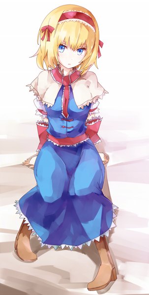 Anime picture 735x1454 with touhou alice margatroid shirofox (artist) single tall image looking at viewer short hair blue eyes blonde hair sitting arm support girl dress boots hairband