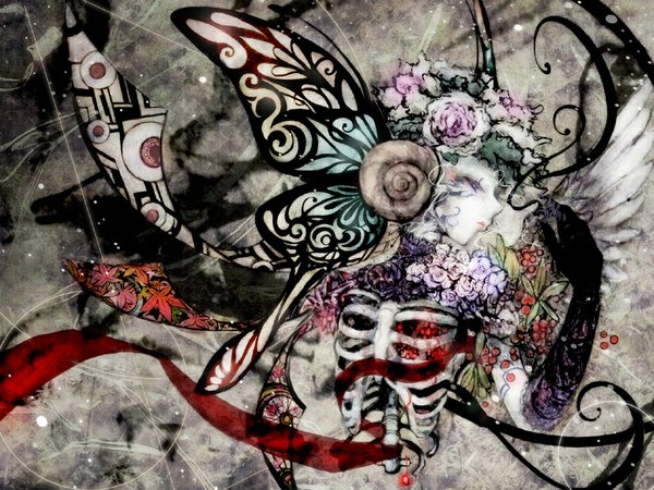 Anime picture 1024x768 with original funakura blue eyes profile skeleton insect wings butterfly wings bone (bones) flower (flowers) ribbon (ribbons) rose (roses) fruit seashell pomegranate