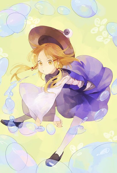 Anime picture 1012x1493 with touhou moriya suwako shihou (g-o-s) single long hair tall image looking at viewer blonde hair yellow eyes full body wide sleeves :o hat removed headwear removed >:o girl bubble (bubbles)