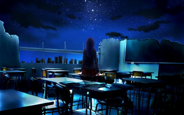 Anime picture 1794x1127 with original ayura single long hair highres sitting sky cloud (clouds) night night sky back destruction girl building (buildings) star (stars) school