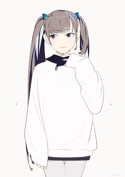 Anime picture 636x900 with original sohin single long hair tall image blush fringe simple background smile brown hair standing white background purple eyes twintails signed payot looking away upper body blunt bangs long sleeves