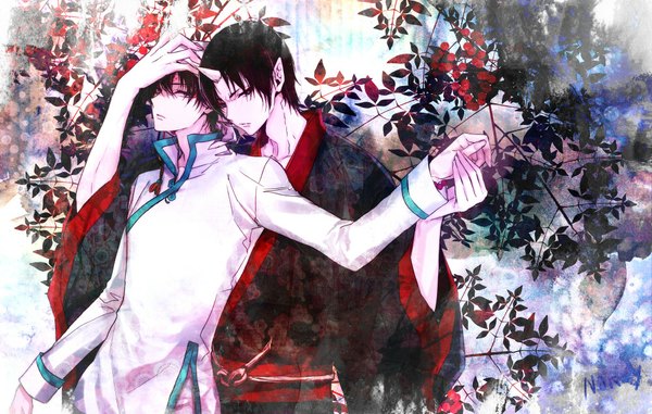 Anime picture 1000x636 with hoozuki no reitetsu wit studio hoozuki (hoozuki no reitetsu) hakutaku (hoozuki no reitetsu) ashita looking at viewer fringe short hair black hair standing purple eyes ponytail horn (horns) fingernails wide sleeves multiple boys holding hands shounen ai demon boy