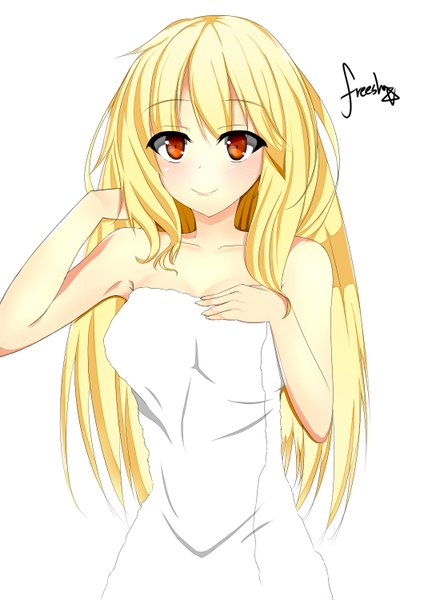Anime picture 1100x1500 with misuriru (artist) single long hair tall image blush light erotic simple background blonde hair smile red eyes white background naked towel girl towel