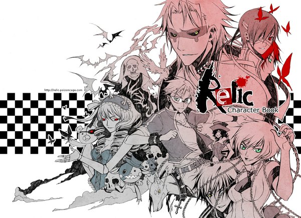 Anime picture 1092x793 with relic bienvenue (relic) zack (relic) ashley (relic) gloria (relic) nothing (relic) doll (relic) rannsama rann autechaud long hair multiple girls green eyes ahoge red hair multiple boys wallpaper drill hair monochrome happy group