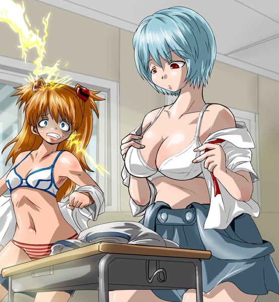 Anime picture 831x900 with neon genesis evangelion gainax soryu asuka langley ayanami rei marimo (ankokumarimo) long hair tall image looking at viewer fringe short hair breasts blue eyes light erotic red eyes large breasts bare shoulders multiple girls blue hair looking away bent knee (knees)
