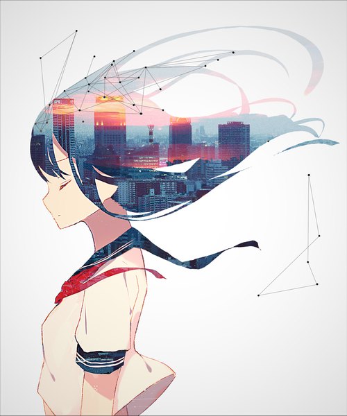 Anime picture 1913x2297 with original enj! single long hair tall image highres short hair black hair simple background eyes closed profile gradient background floating hair city cityscape double exposure girl uniform serafuku building (buildings)