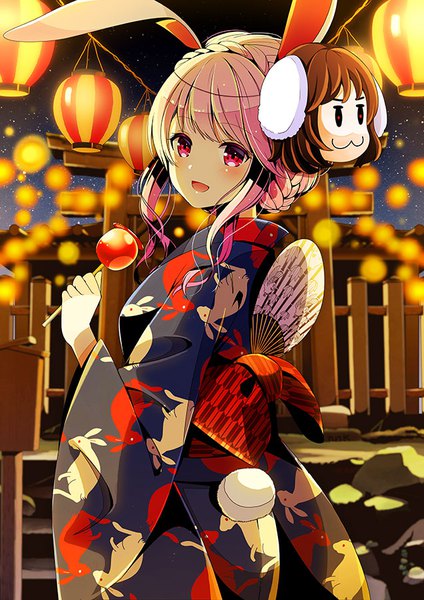 Anime picture 636x900 with touhou reisen udongein inaba inaba tewi yuuka nonoko single tall image looking at viewer blush short hair red eyes animal ears purple hair traditional clothes japanese clothes looking back night wide sleeves bunny ears night sky happy