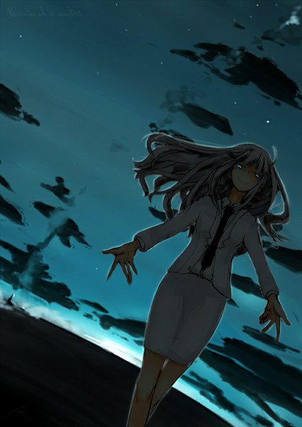 Anime picture 814x1150 with jormungand white fox koko hekmatyar anopl single long hair tall image looking at viewer fringe blue eyes smile standing cloud (clouds) white hair night night sky spread arms girl skirt necktie