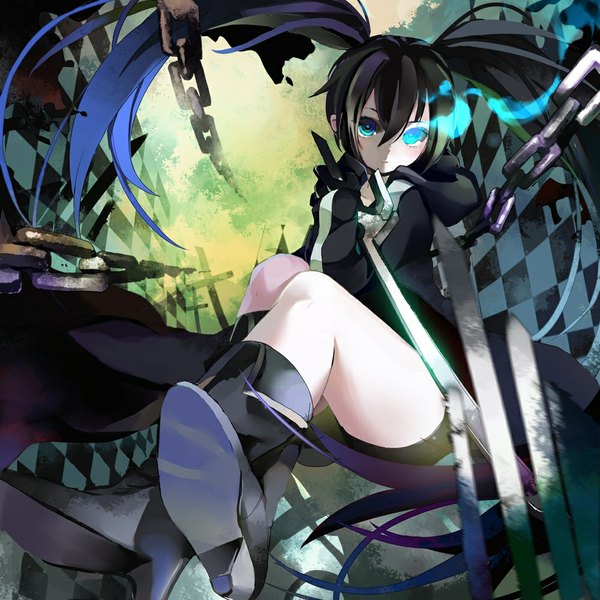 Anime picture 1000x1000 with black rock shooter black rock shooter (character) yukizakura (neon-neon) single long hair looking at viewer blush blue eyes black hair twintails glowing glowing eye (eyes) checkered girl weapon shorts thigh boots chain