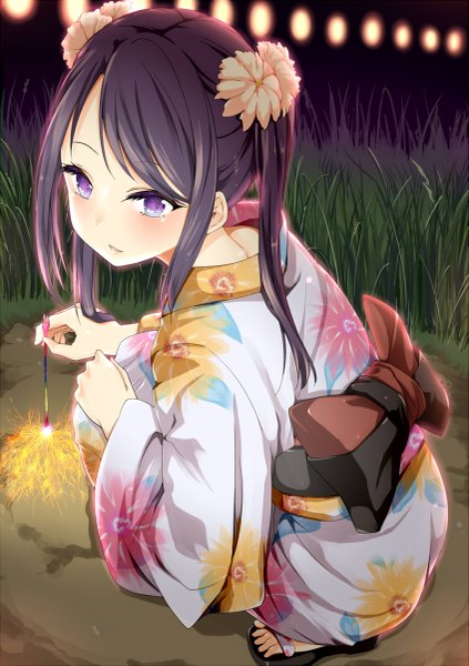 Anime picture 847x1200 with original amasora taichi single long hair tall image blush fringe black hair purple eyes twintails payot looking away full body outdoors traditional clothes japanese clothes hair flower from above from behind night