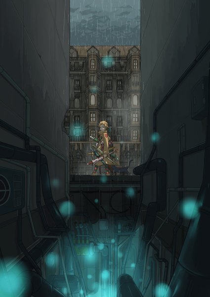 Anime picture 1075x1518 with original ga-suke tall image short hair blue eyes city light rain cityscape walking girl thighhighs animal building (buildings) umbrella cat striped thighhighs coat