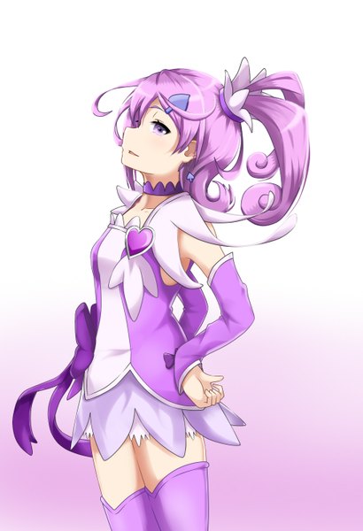 Anime picture 1000x1464 with dokidoki! precure cure sword galois (trex9704) single long hair tall image simple background purple eyes pink hair girl thighhighs dress hair ornament detached sleeves hairclip