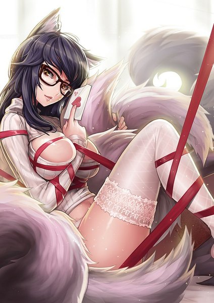 Anime picture 650x919 with league of legends ahri (league of legends) goomrrat single long hair tall image looking at viewer breasts light erotic black hair large breasts animal ears yellow eyes tail lips fox girl multiple tails girl thighhighs ribbon (ribbons)
