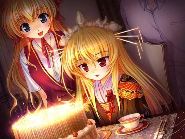 Anime picture 1200x900 with fortune arterial august soft sendou erika sendou kaya bekkankou long hair blush open mouth blue eyes blonde hair red eyes multiple girls game cg traditional clothes japanese clothes girl boy hair ornament 2 girls headdress