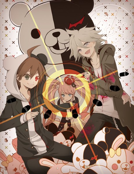 Anime picture 1000x1297 with dangan ronpa super dangan ronpa 2 enoshima junko monokuma komaeda nagito monomi naegi makoto uviski yk4lt long hair tall image looking at viewer fringe short hair open mouth smile red eyes sitting twintails ahoge