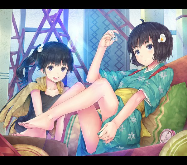 Anime picture 1100x975 with nisemonogatari shaft (studio) monogatari (series) araragi karen araragi tsukihi hourainingyou long hair short hair open mouth blue eyes black hair multiple girls ahoge ponytail japanese clothes barefoot legs side ponytail girl uniform