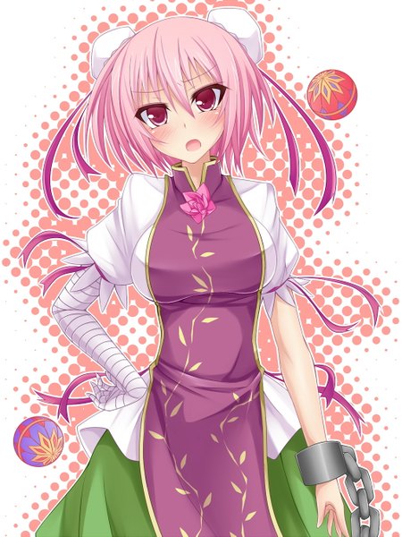 Anime picture 1024x1365 with touhou ibaraki kasen suterii single tall image blush short hair open mouth red eyes pink hair hair bun (hair buns) hand on hip girl bandage (bandages) bun cover