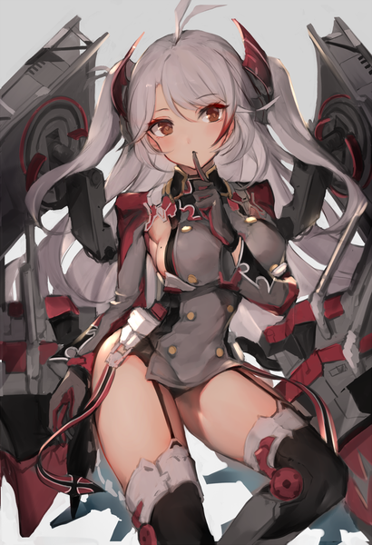 Anime picture 1366x2000 with azur lane prinz eugen (azur lane) watao single long hair tall image blush breasts light erotic large breasts brown eyes ahoge bent knee (knees) grey hair mole two side up sideboob finger to mouth mole on breast girl