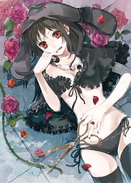 Anime picture 719x1000 with wooser no sono higurashi ren (wooser) eihi long hair tall image looking at viewer breasts light erotic black hair red eyes underwear only finger to mouth girl thighhighs underwear panties flower (flowers) black thighhighs petals scissors