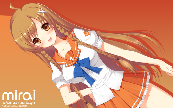 Anime picture 2560x1600 with mirai millenium suenaga mirai shirahane nao single long hair looking at viewer blush highres open mouth brown hair brown eyes ahoge braid (braids) girl uniform school uniform